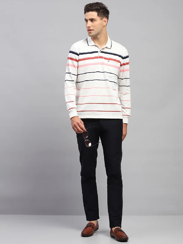 Men Grey Stripe Polo Collar Full Sleeve T-Shirt