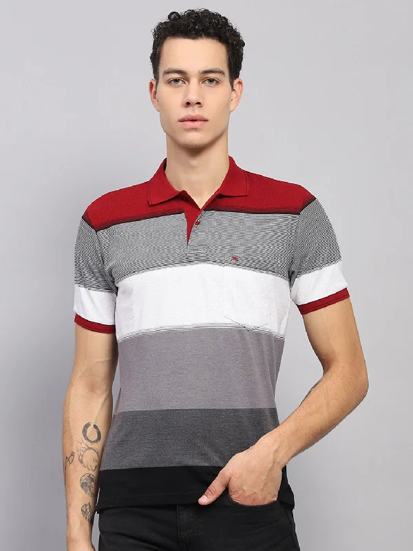 Men Maroon & Grey Stripe Collar Half Sleeve T-Shirt