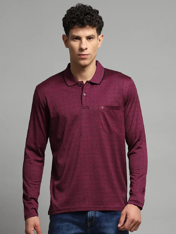 Men Maroon Self Design Collar Full Sleeve Winter T-Shirt