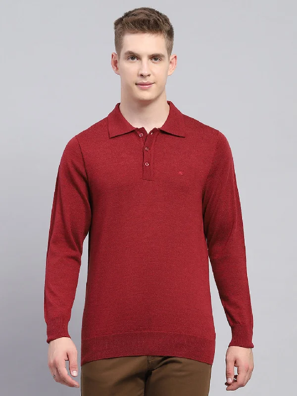 Men Maroon Solid Collar Full Sleeve Winter T-Shirt