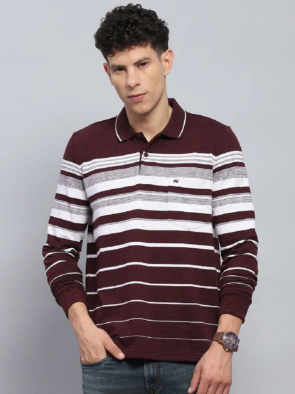 Men Maroon Stripe Collar Full Sleeve Winter T-Shirt