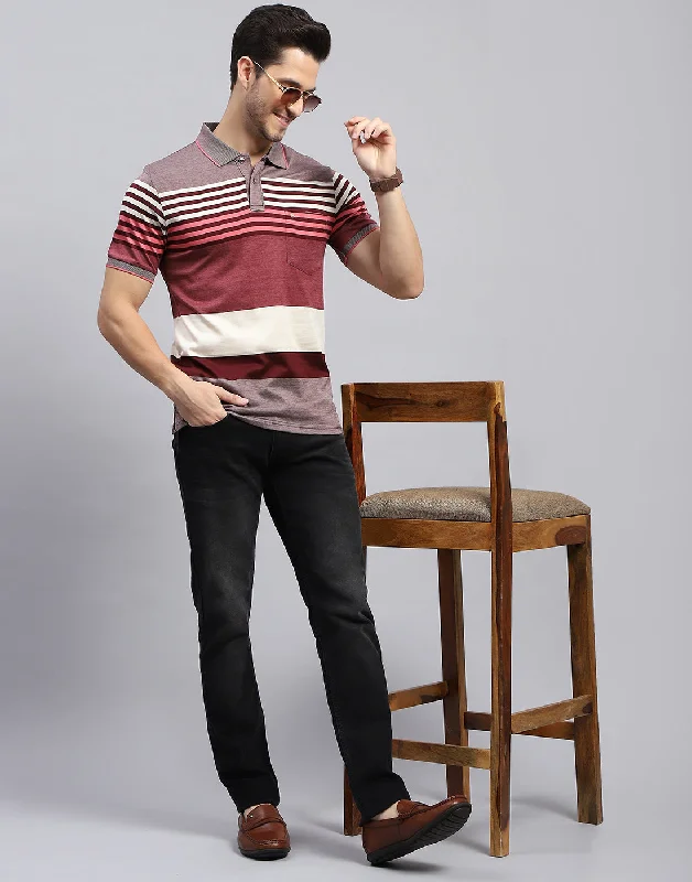 Men Maroon Stripe Polo Collar Half Sleeve T-Shirt