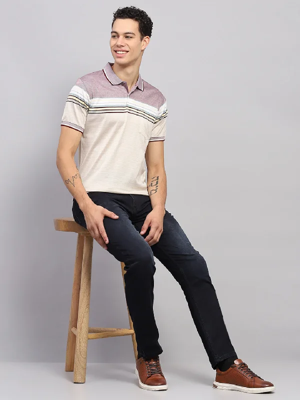 Men Multicolor Stripe Polo Collar Half Sleeve T-Shirt