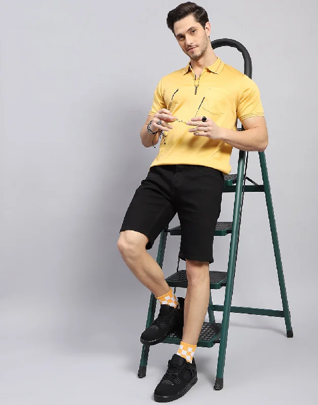 Men Mustard Solid Polo Collar Half Sleeve T-Shirt