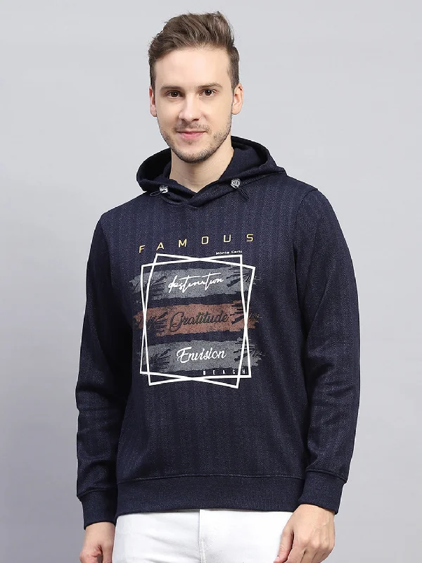 Men Navy Blue Printed Hooded Full Sleeve Winter T-Shirt