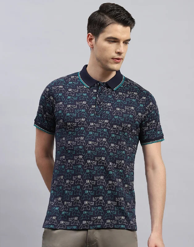 Men Navy Blue Printed Polo Collar Half Sleeve T-Shirt