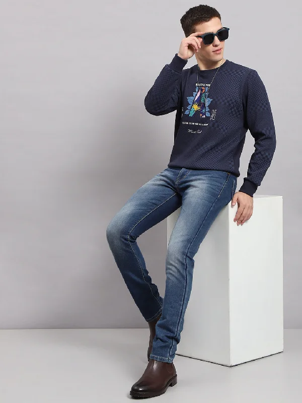 Men Navy Blue Printed Round Neck Full Sleeve T-Shirt