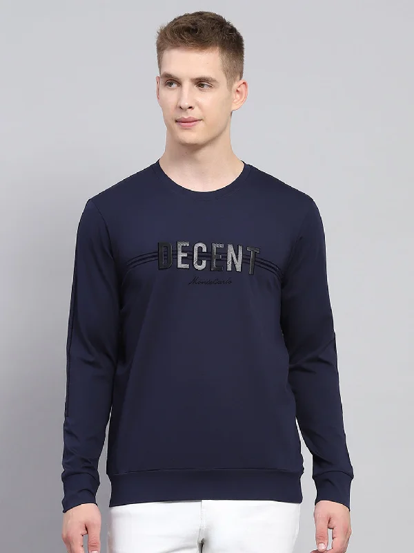 Men Navy Blue Printed Round Neck Full Sleeve Winter T-Shirt