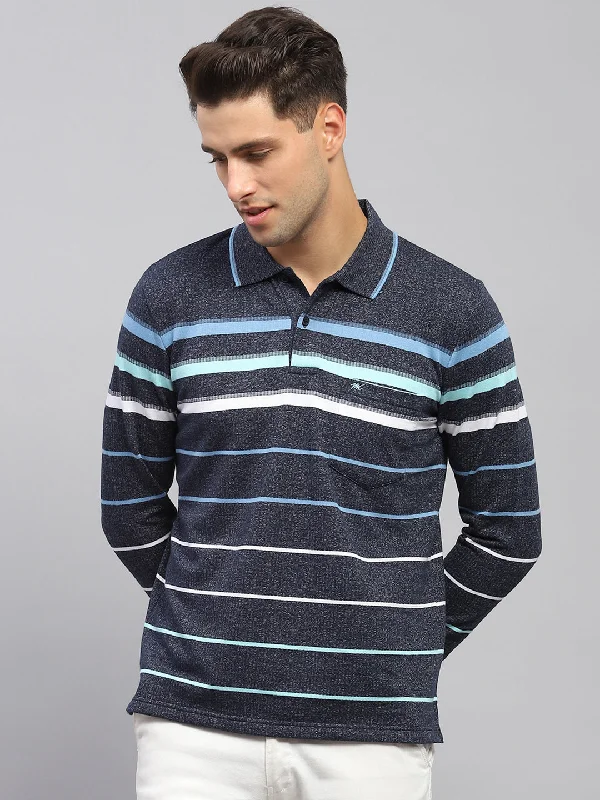 Men Navy Blue Stripe Collar Full Sleeve Winter T-Shirt