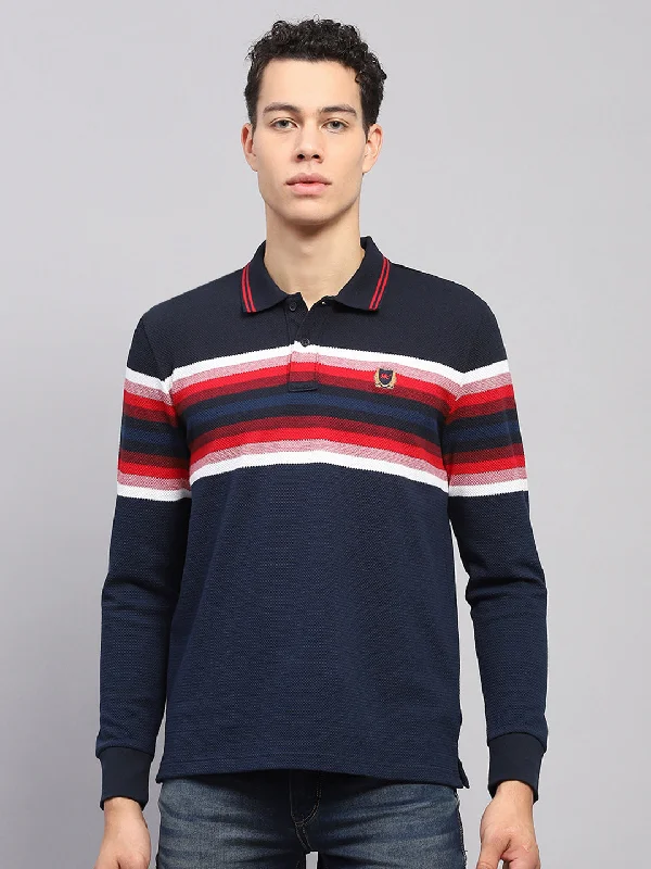 Men Navy Blue Stripe Collar Full Sleeve Winter T-Shirt