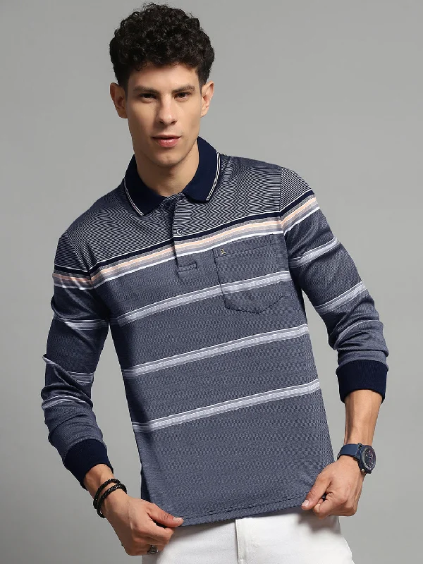 Men Navy Blue Stripe Collar Full Sleeve Winter T-Shirt