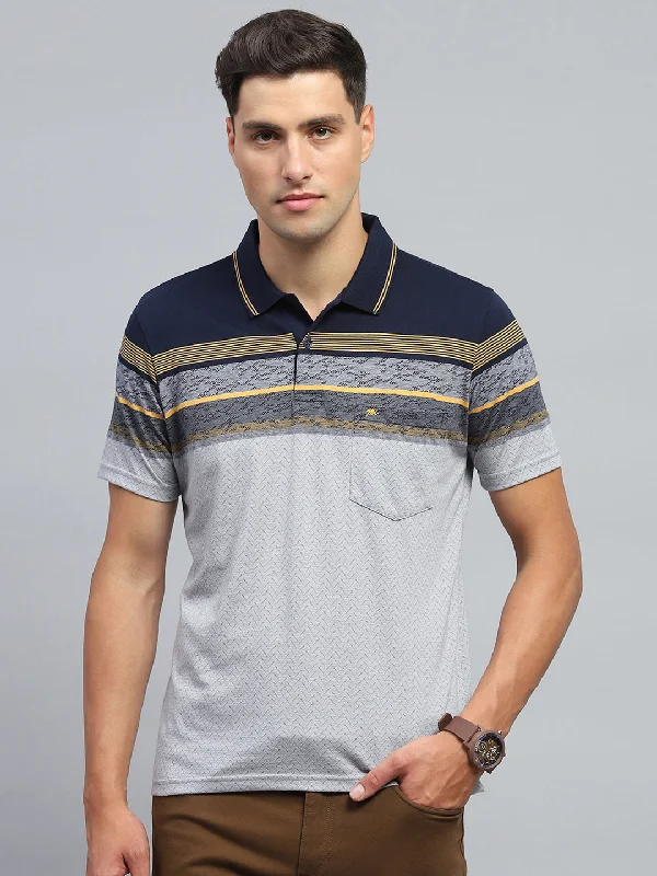 Men Navy Blue Stripe Collar Half Sleeve T-Shirt