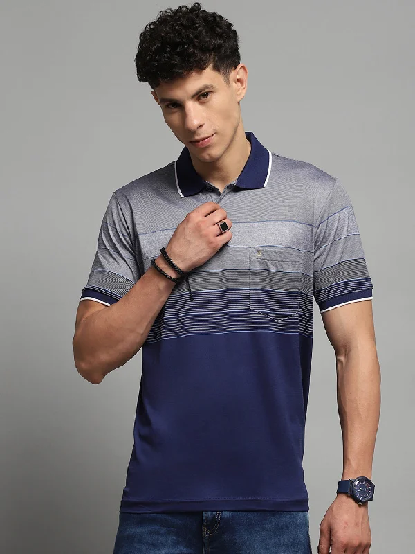 Men Navy Blue Stripe Collar Half Sleeve T-Shirt