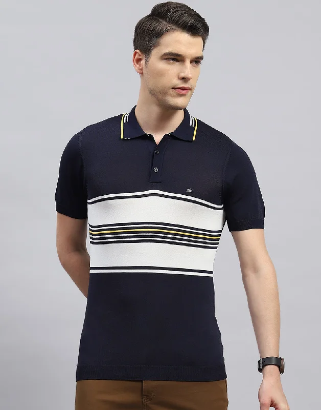 Men Navy Blue Stripe Polo Collar Half Sleeve T-Shirt