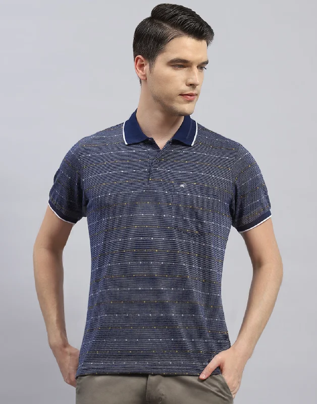 Men Navy Blue Stripe Polo Collar Half Sleeve T-Shirt