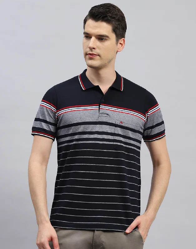 Men Navy Blue Stripe Polo Collar Half Sleeve T-Shirt