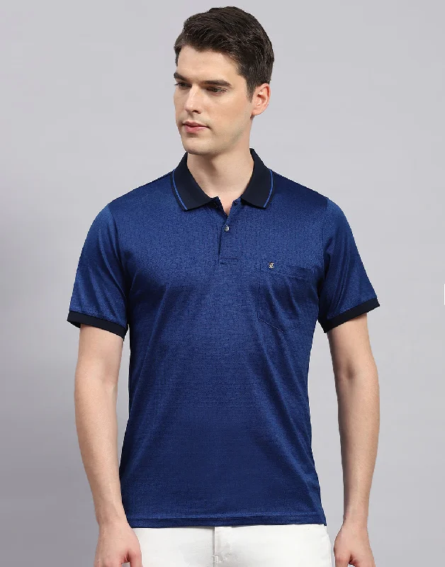 Men Navy Blue Stripe Polo Collar Half Sleeve T-Shirt