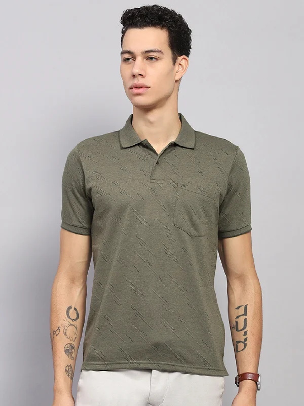 Men Olive Printed Collar Half Sleeve T-Shirt