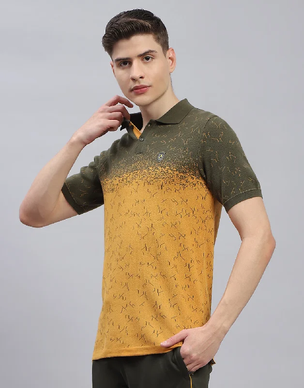 Men Olive Printed Polo Collar Half Sleeve T-Shirt