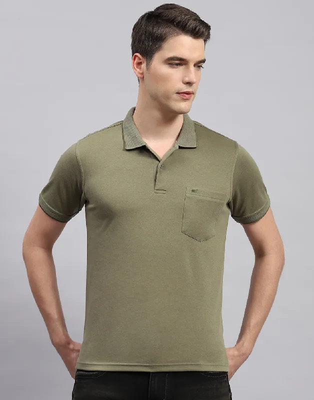 Men Olive Solid Collar Neck Half Sleeve T-Shirt