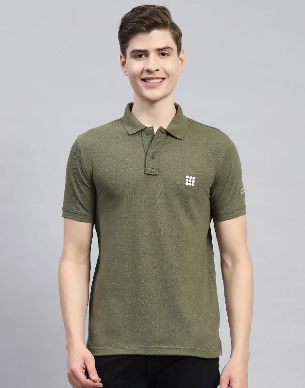 Men Olive Solid Polo Collar Half Sleeve T-Shirt