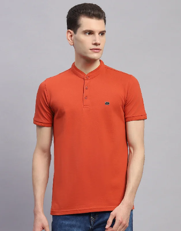 Men Orange Solid Band Collar Half Sleeve T-Shirt