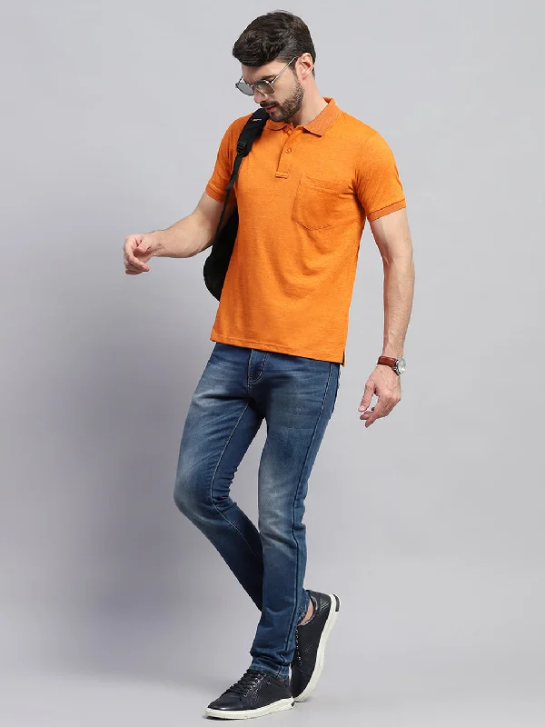 Men Orange Solid Collar Half Sleeve T-Shirt