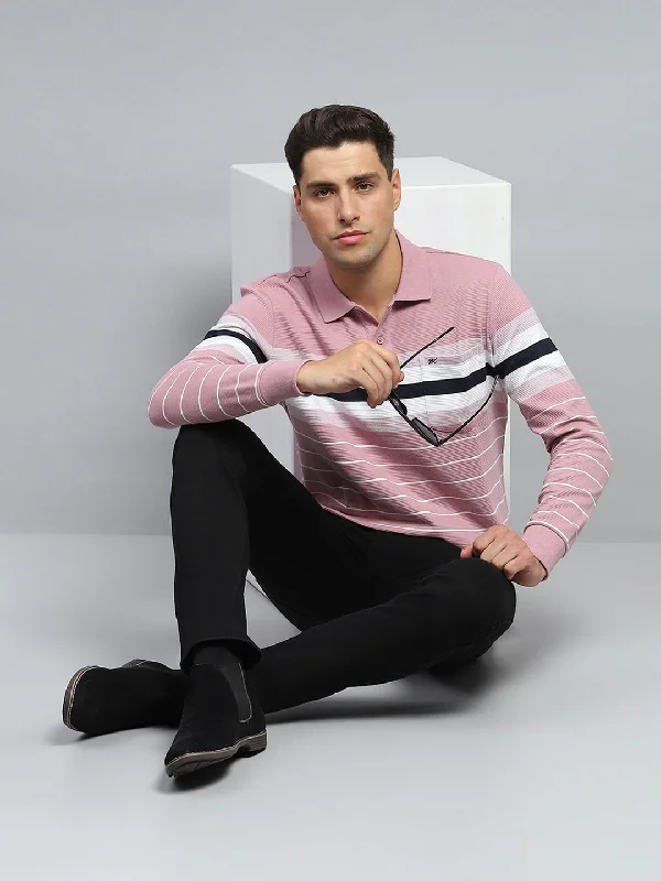 Men Pink Stripe Collar Full Sleeve Winter T-Shirt