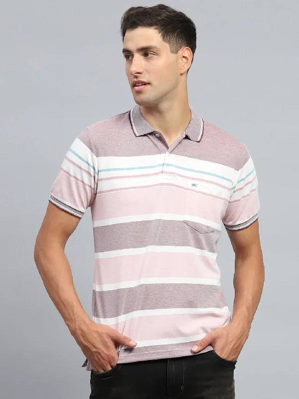 Men Pink Stripe Collar Half Sleeve T-Shirt