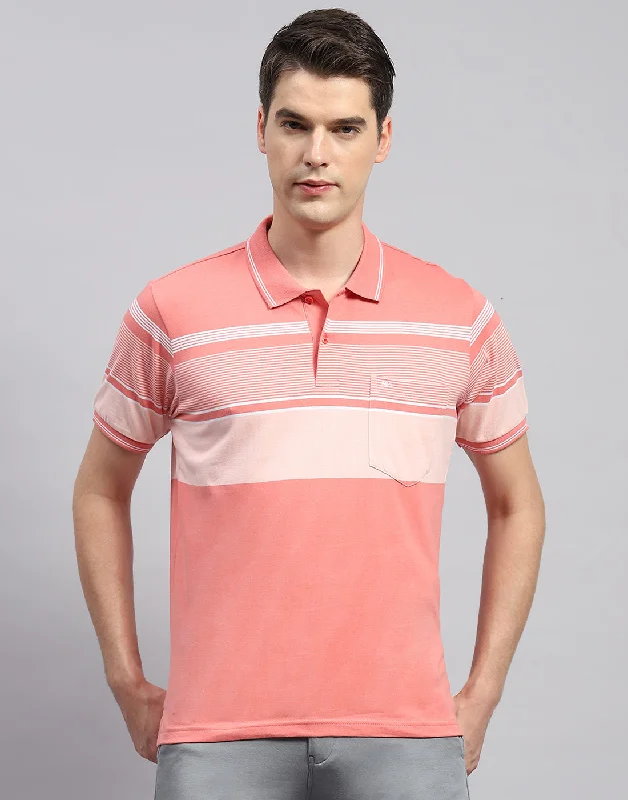 Men Pink Stripe Collar Neck Half Sleeve T-Shirt