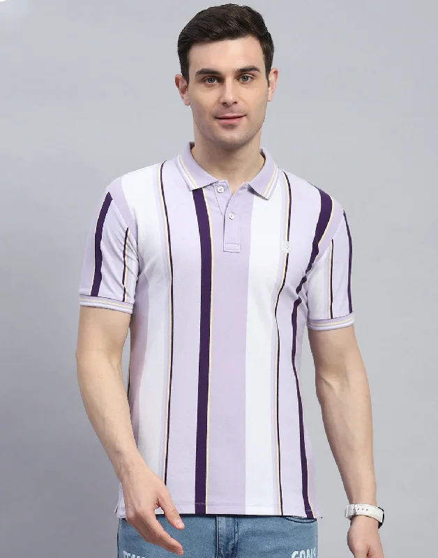 Men Purple Stripe Polo Collar Half Sleeve T-Shirt