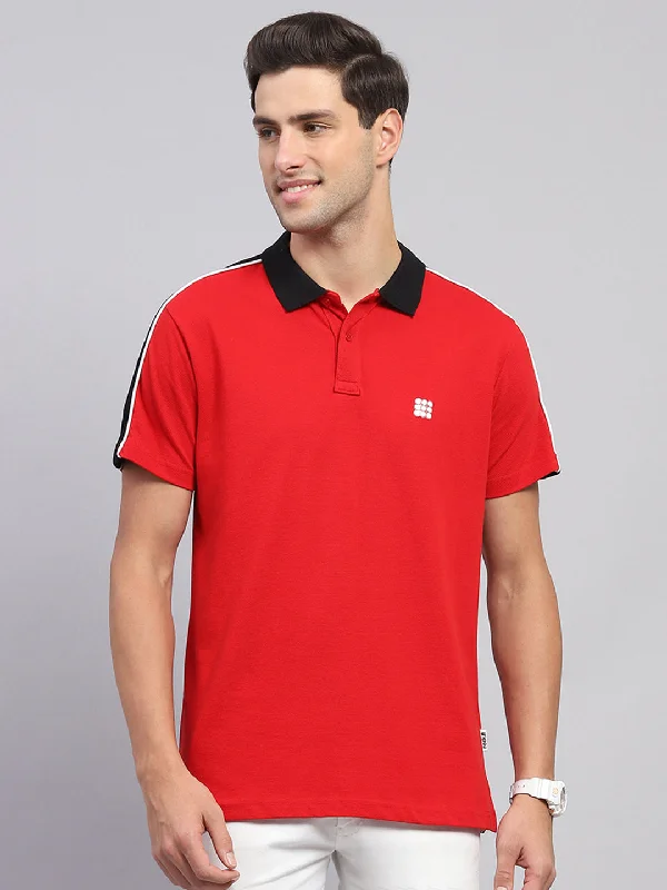 Men Red Solid Collar Half Sleeve T-Shirt