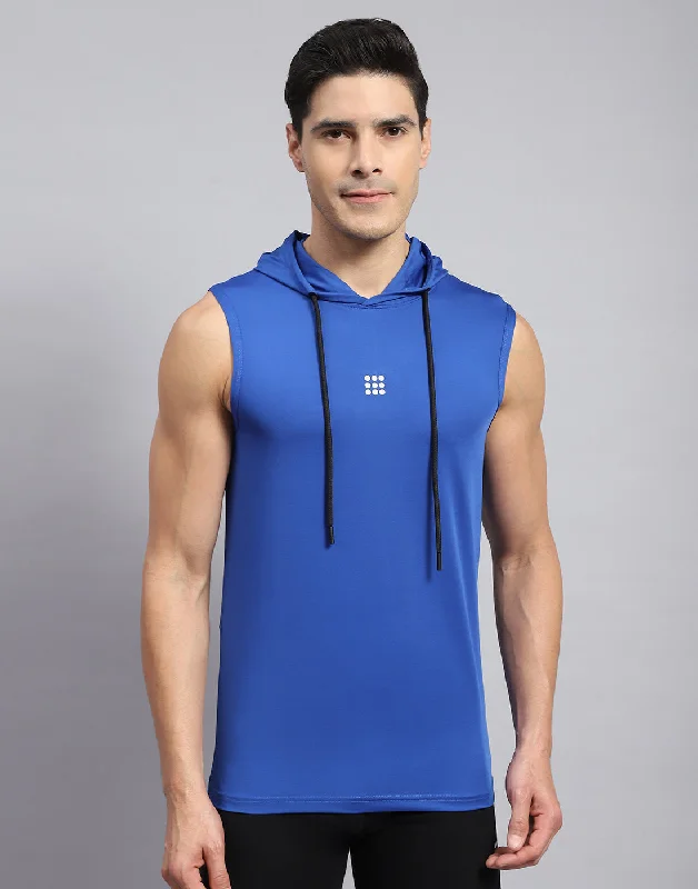 Men Royal Blue Solid Hooded Sleeveless T-Shirt