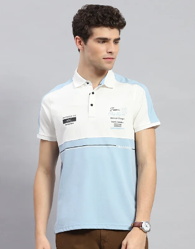 Men Sky Blue Printed Polo Collar Half Sleeve T-Shirt