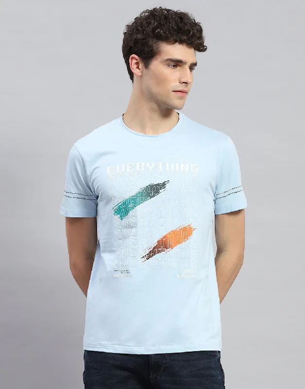 Men Sky Blue Printed Round Neck Half Sleeve T-Shirt