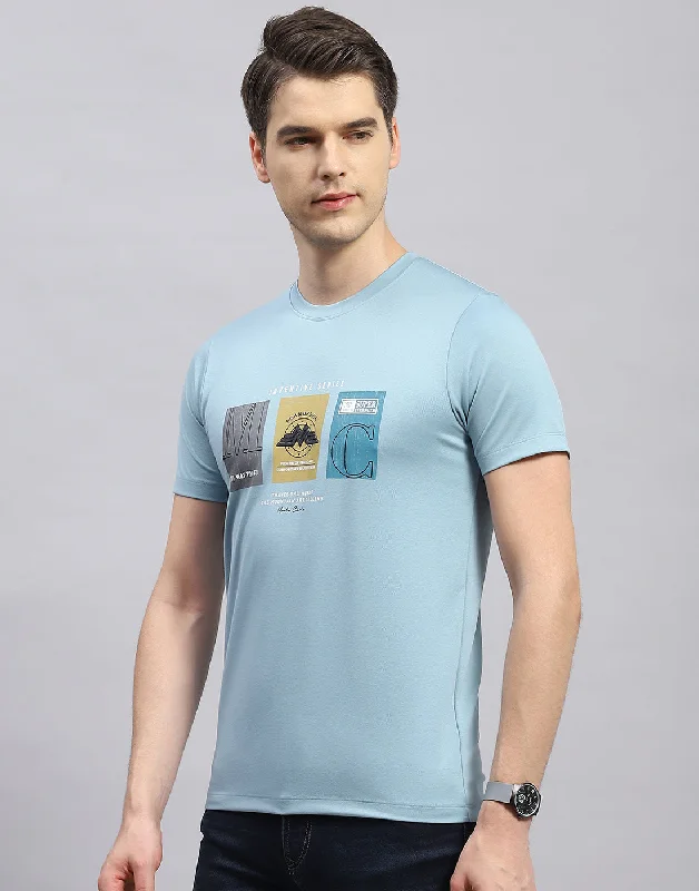 Men Sky Blue Printed Round Neck Half Sleeve T-Shirt