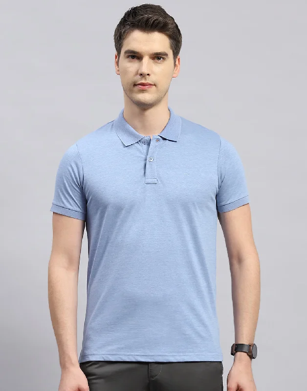 Men Sky Blue Solid Polo Collar Half Sleeve T-Shirt