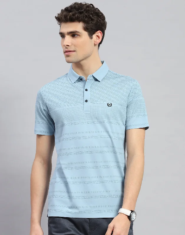 Men Sky Blue Solid Polo Collar Half Sleeve T-Shirt