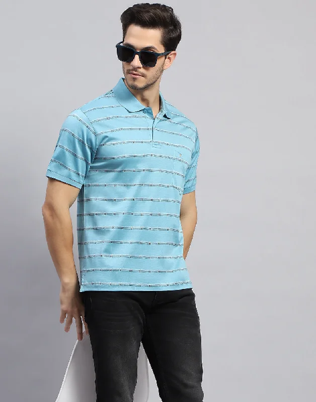 Men Sky Blue Stripe Polo Collar Half Sleeve T-Shirt