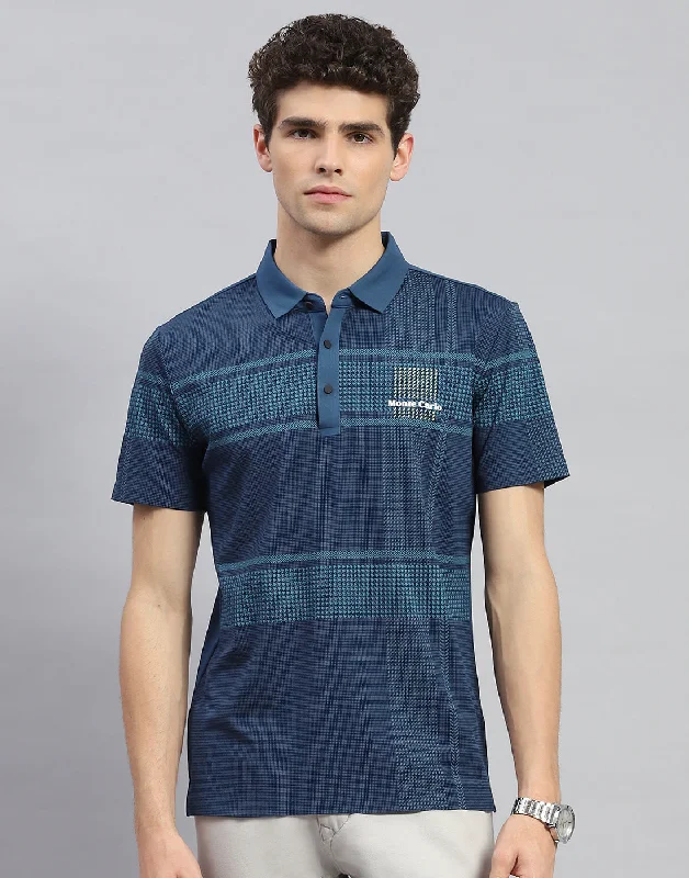 Men Teal Blue Printed Polo Collar Half Sleeve T-Shirt