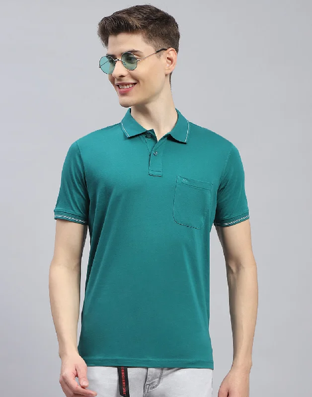 Men Teal Blue Solid Polo Collar Half Sleeve T-Shirt