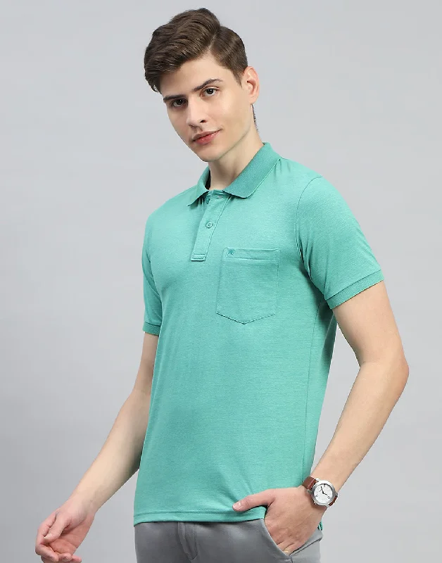 Men Turquoise Blue Solid Polo Collar Half Sleeve T-Shirt