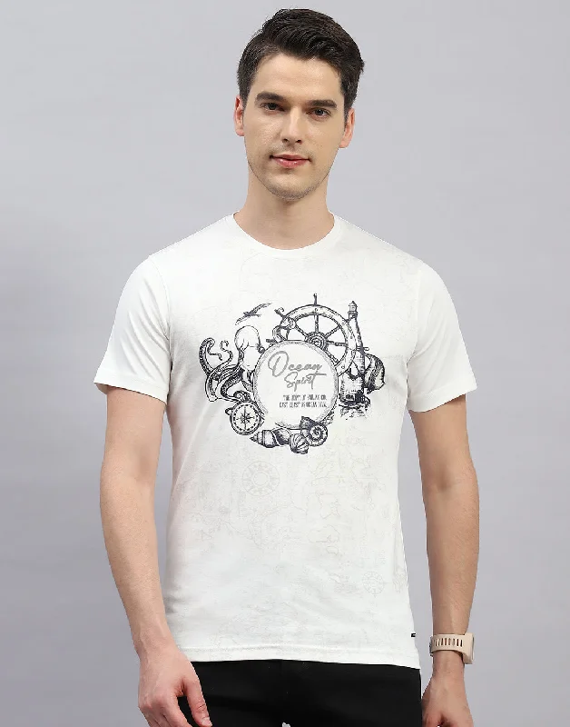 Men White Printed Round Neck Half Sleeve T-Shirt