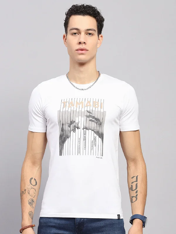 Men White Printed Round Neck Half Sleeve T-Shirt