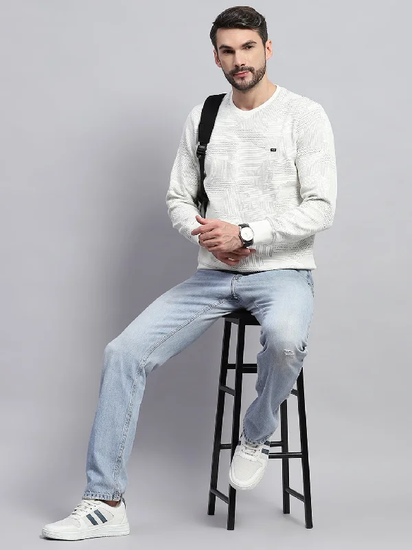 Men White Self Design Round Neck Full Sleeve T-Shirt