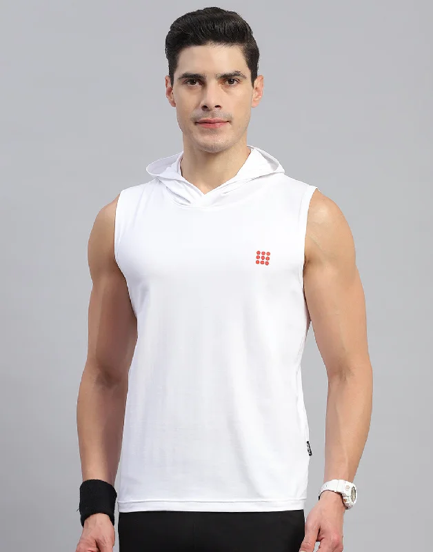 Men White Solid Hooded Sleeveless T-Shirt