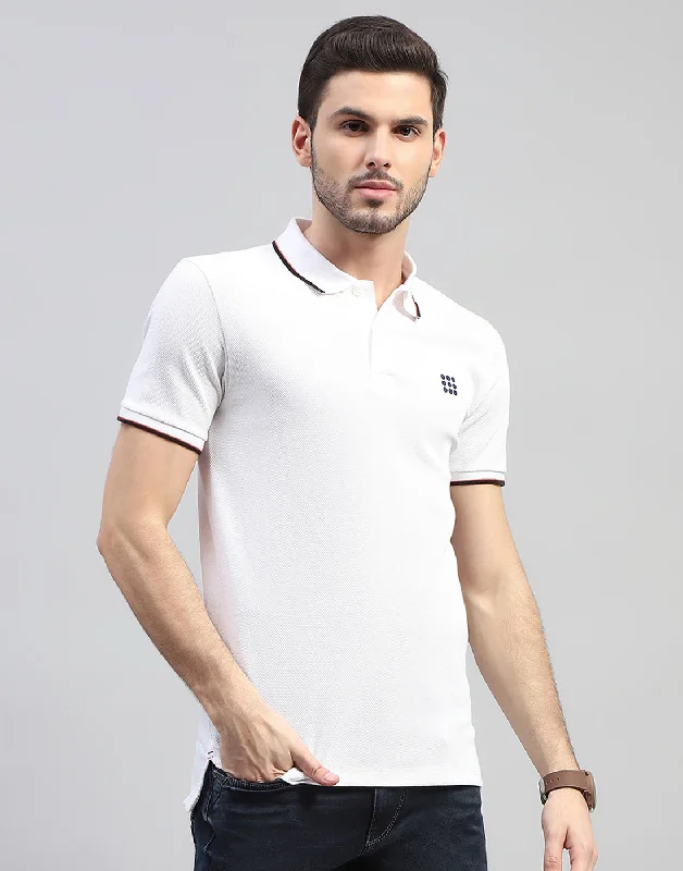 Men White Solid Polo Collar Half Sleeve T-Shirt