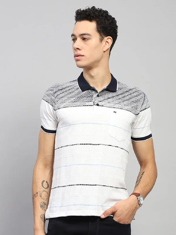 Men White Stripe Collar Half Sleeve T-Shirt