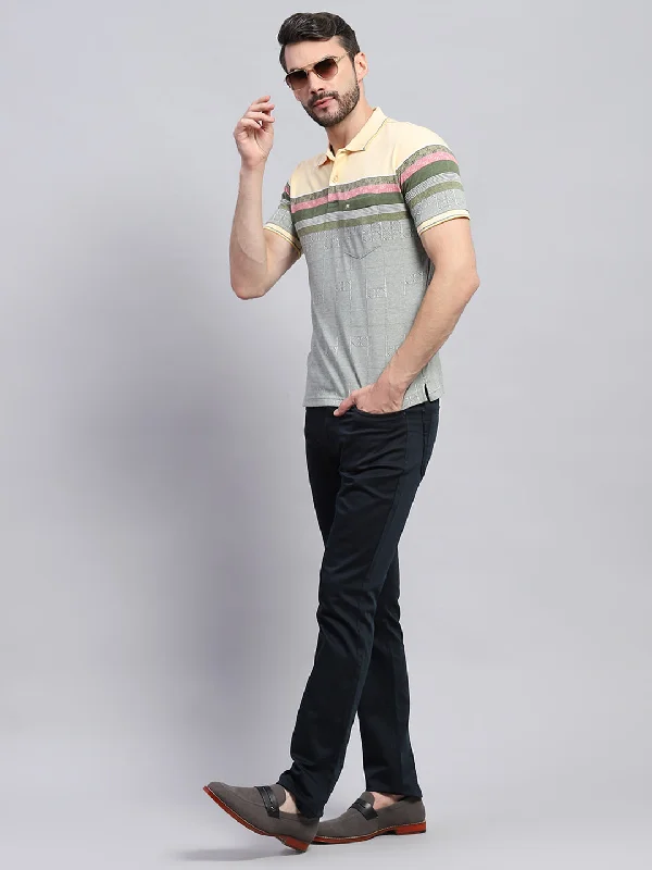 Men Yellow & Olive Stripe Collar Half Sleeve T-Shirt