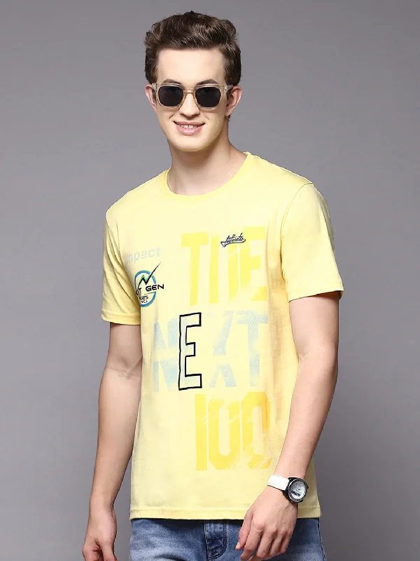 Men Yellow Printed Round Neck Half Sleeve T-Shirts